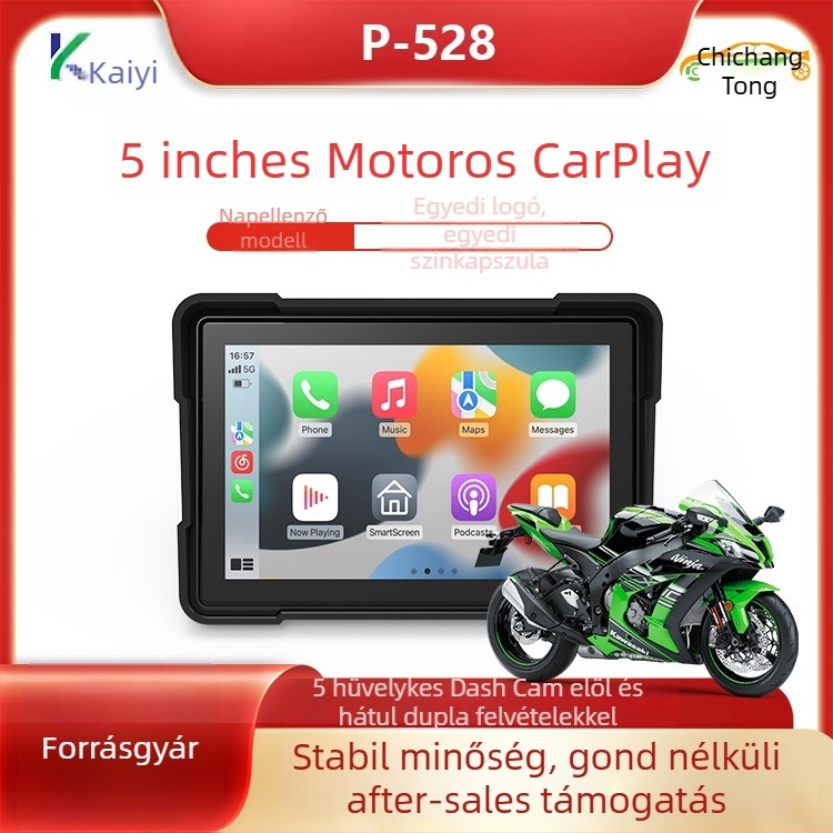 Motorkerékpár CarPlay dash kamera, elöl és hátul felvétel — Modell P-528Z, 170° látószög, 5MP, 64GB tárhely, kormányra történő rögzítés