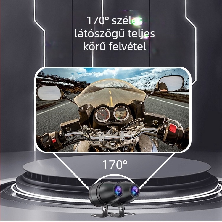 Motorkerékpár CarPlay dash kamera, elöl és hátul felvétel — Modell P-528Z, 170° látószög, 5MP, 64GB tárhely, kormányra történő rögzítés
