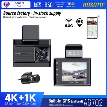A6702 Autós dashcam, 4K (2160p), 5G WiFi GPS, előre és hátra felvétel, 170° látószög, 2.0" kijelző