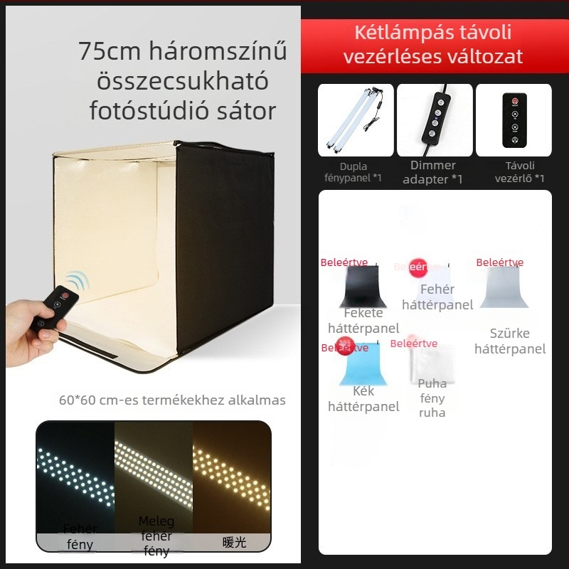 Kis fotóstúdió LED-softbox kettős színhővel, összecsukható kivitel, távirányító, poliészter panel