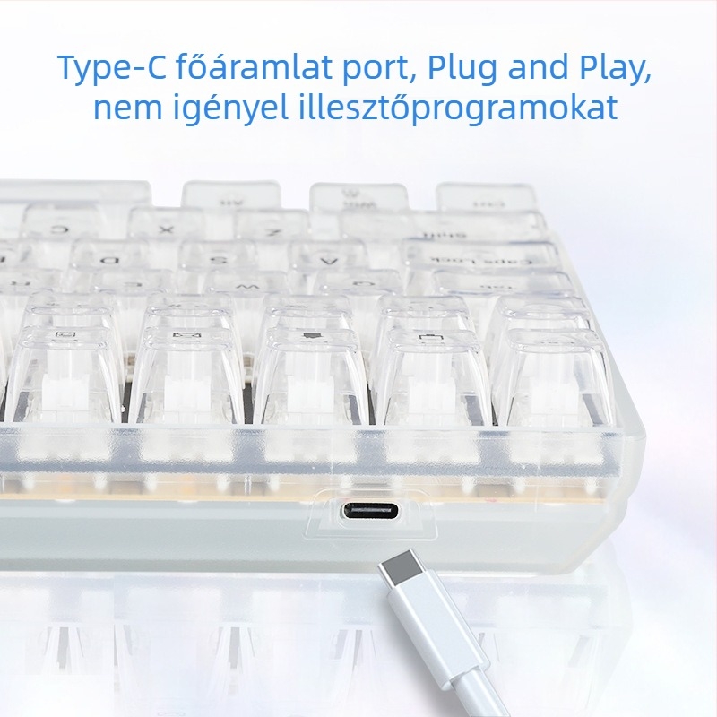 Mechanikus billentyűzet, 100 gombbal, átlátszó billentyűsapkákkal, RGB háttérvilágítással, támogatja az egyedi mechanikus kapcsolókat.