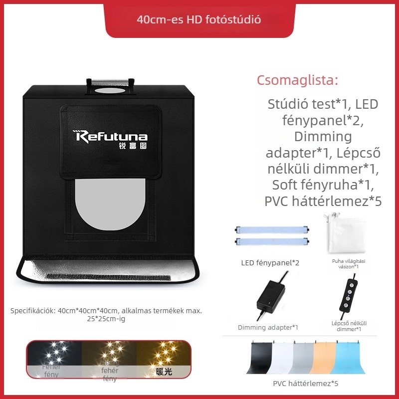 RETENG mini stúdió szabályozható LED világítással; összecsukható és hordozható fotózáshoz; Anyagok: poliészter LED világító panel; Méretek: 40×40×40 cm; Súly: 2,8 kg.