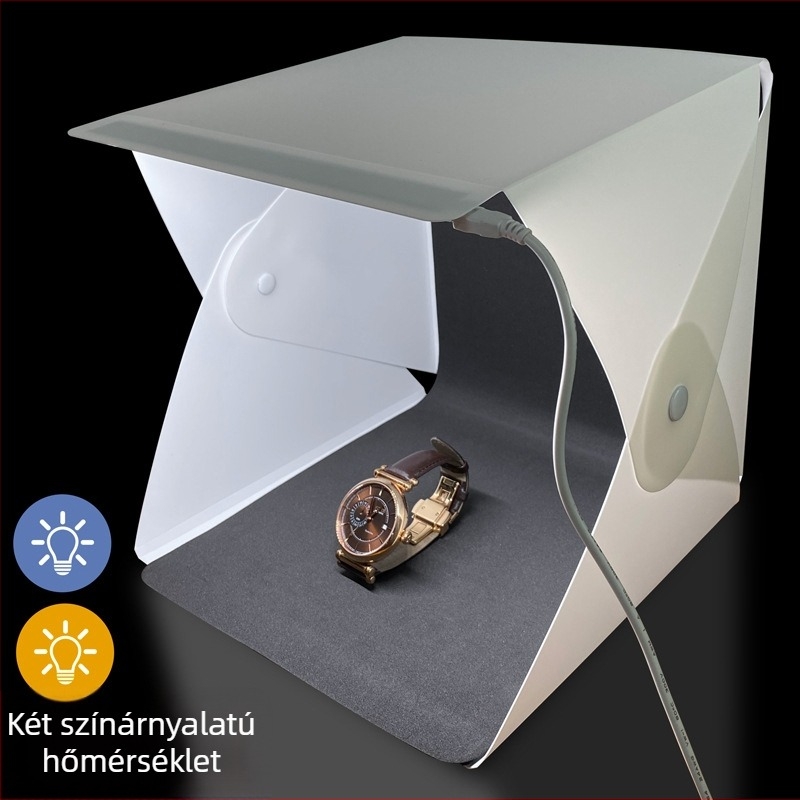 Mini stúdió fotólámpa, összecsukható, LED kettős színhőmérséklet, lágy fény állítható (PVC felépítés, tömeg 0,3 kg)