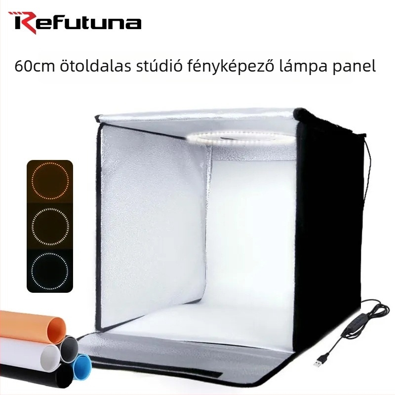 Mini stúdió; hordozható, összecsukható ötoldalú fénydoboz; kör alakú LED fénypanel; anyag: poliészter + LED panel; két színhőmérséklet