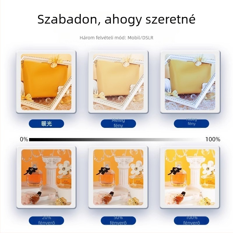Mini stúdió; hordozható, összecsukható ötoldalú fénydoboz; kör alakú LED fénypanel; anyag: poliészter + LED panel; két színhőmérséklet