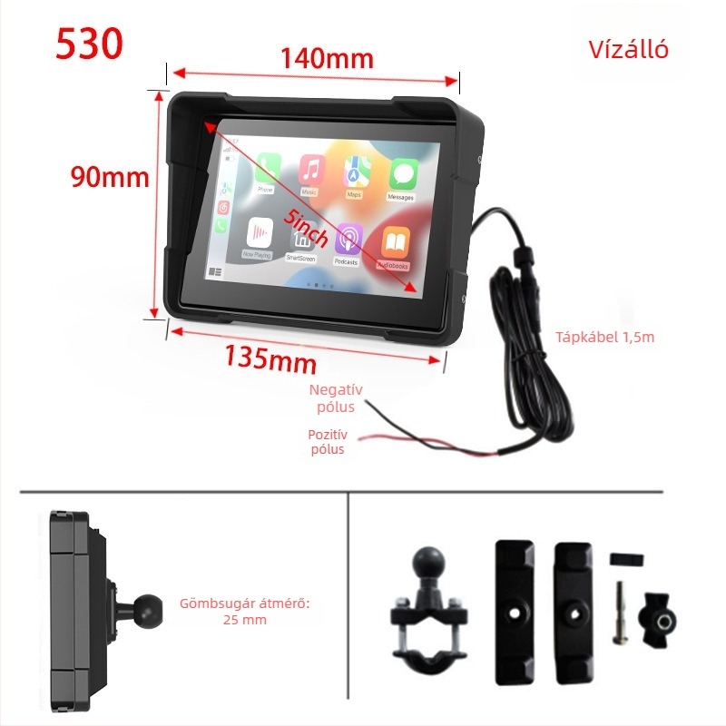 5 hüvelykes motorkerékpár CarPlay dash cam – előre és hátra rögzítés, guminyomás figyelés