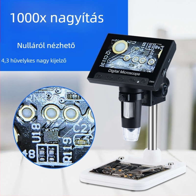DM4USB digitális mikroszkóp 1000x nagyítással, beépített kijelzővel, áramkör-karbantartásra és alaplap javításához