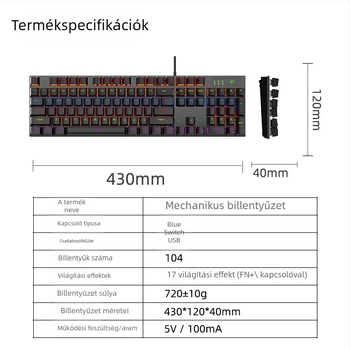 Mechanikus billentyűzet, 104 gomb, USB kábeles, ABS billentyűfedők, 17 világítási mód