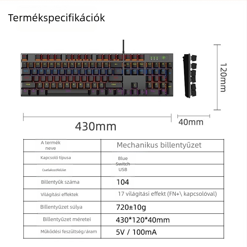 Mechanikus billentyűzet, 104 gomb, USB kábeles, ABS billentyűfedők, 17 világítási mód