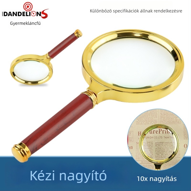 Mahagóniát utánozó fogantyújú nagyító, 10x, kézi, idős olvasáshoz és jade azonosításához