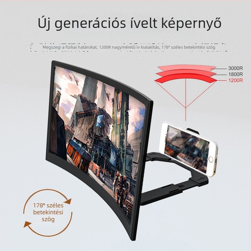 Telefon képernyőnagyító 14 hüvelykes görbült kijelzővel, 3D HD, 16 hüvelykes nagyítóállvány, összecsukható, hordozható asztali használatra