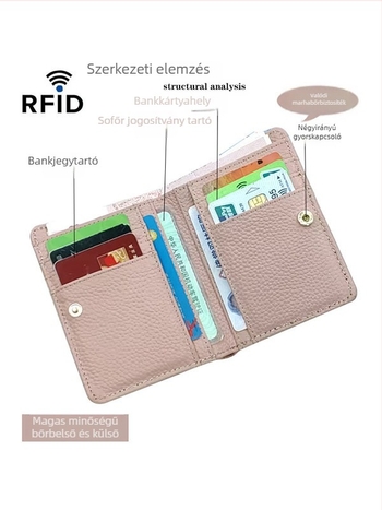 Női top-grain marhabőrből készült pénztárca, rövid modell, két hajtással, kártyatartó, vízálló