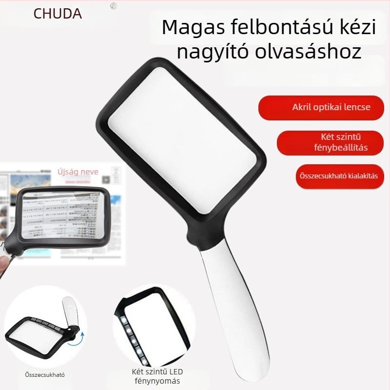 Chuda hordozható hajtogatható négyzet alakú olvasó nagyító 5 LED-del, modell 10863, bekapcsoló gombbal