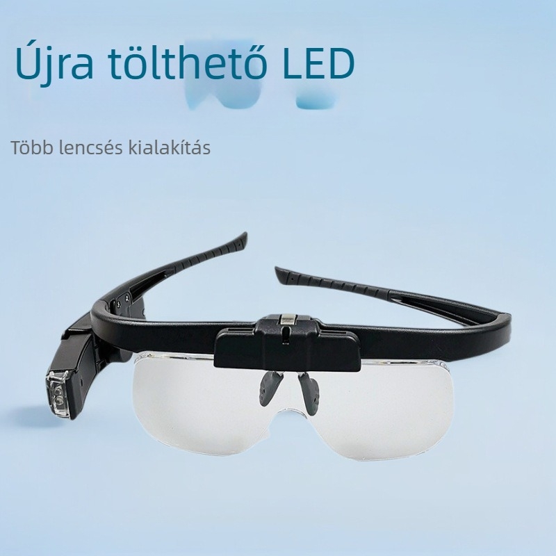 LED-es újratölthető szemüveg-típusú nagyító, HD nagyítás, több lencse 11642DC