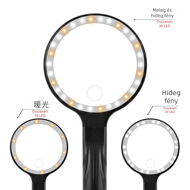 USB-töltéses 30 LED-es nagyító, 5x/10x nagyítás, nyakba akasztható, kézben tartható vagy fejre rögzíthető, olvasáshoz és javításhoz
