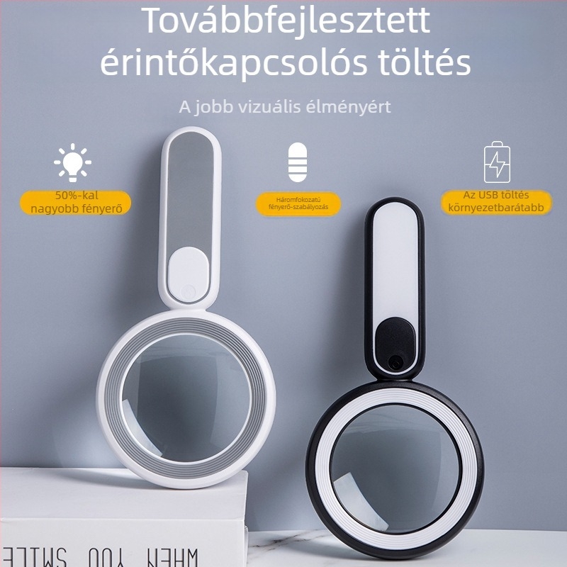Hordozható kézi nagyító 21 LED-del, USB-töltés, érintéses kapcsoló – olvasáshoz és részletek vizsgálatához