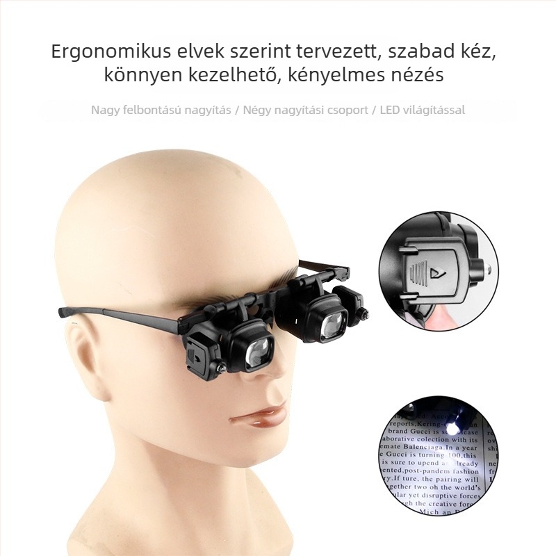 Fejre szerelhető LED világítású nagyító Óra javításához és mobiltelefon alaplapok vizsgálatához, állítható fókusz