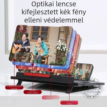 Telefon képernyő nagyító állvány - állítható vízszintes/függőleges orientáció, HD kékfény elleni védelem, 3D lencse, Kompatibilis Samsunggal, Huaweivel, Apple-lel