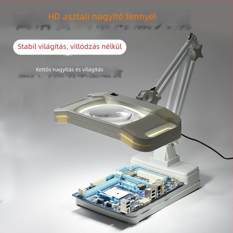 Asztali nagyító LED lámpával, 10× nagyítás, olvasáshoz és precíz munkához: hegesztés, mobiltelefon javítás és gravírozás a nyomtatott áramkörökön; téglalap alakú LED lámpa.