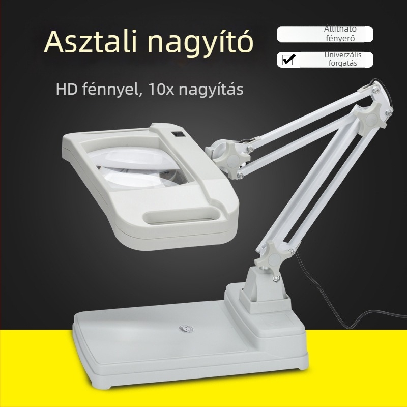 Asztali nagyító LED lámpával, 10× nagyítás, olvasáshoz és precíz munkához: hegesztés, mobiltelefon javítás és gravírozás a nyomtatott áramkörökön; téglalap alakú LED lámpa.