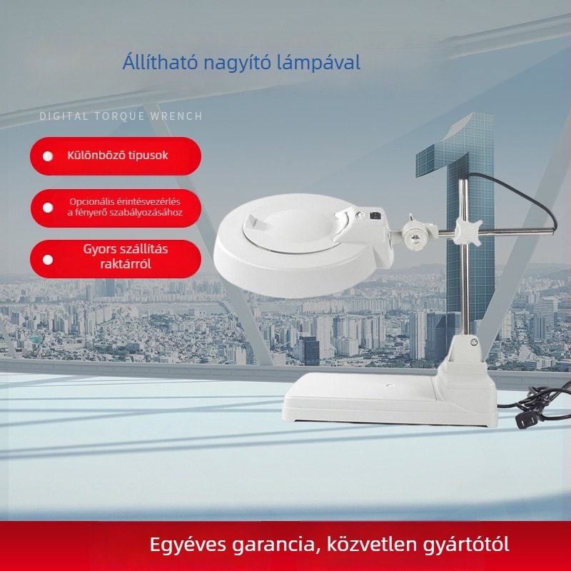 LT-86B állítható asztali nagyító, 10x-es nagyítás és LED világítással, optikai üveg fehér/kék-zöld