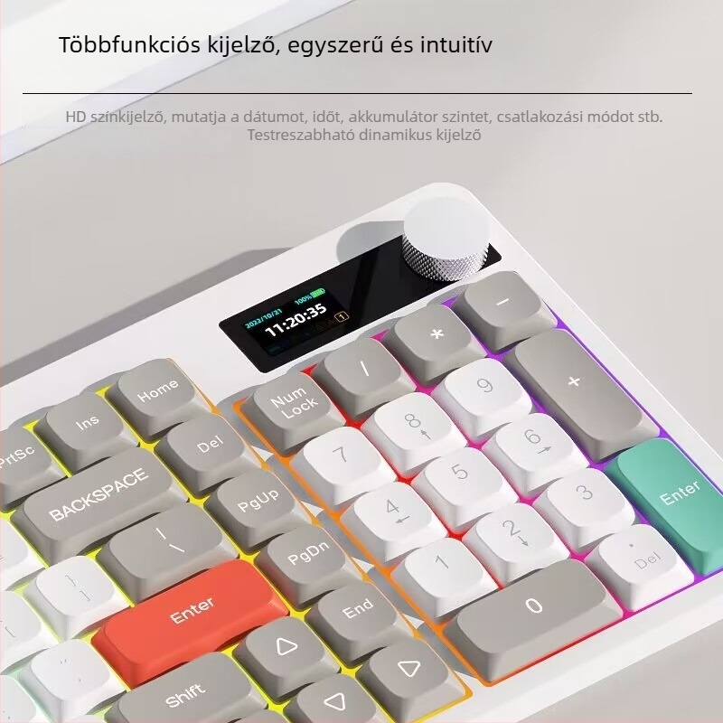 YK100 mechanikus billentyűzet beépített kijelzővel, három módú csatlakoztatás: vezeték nélküli, USB-s és Bluetooth, piros tengelyű mechanikus kapcsolók, PBT sublimációs feliratú billentyűk