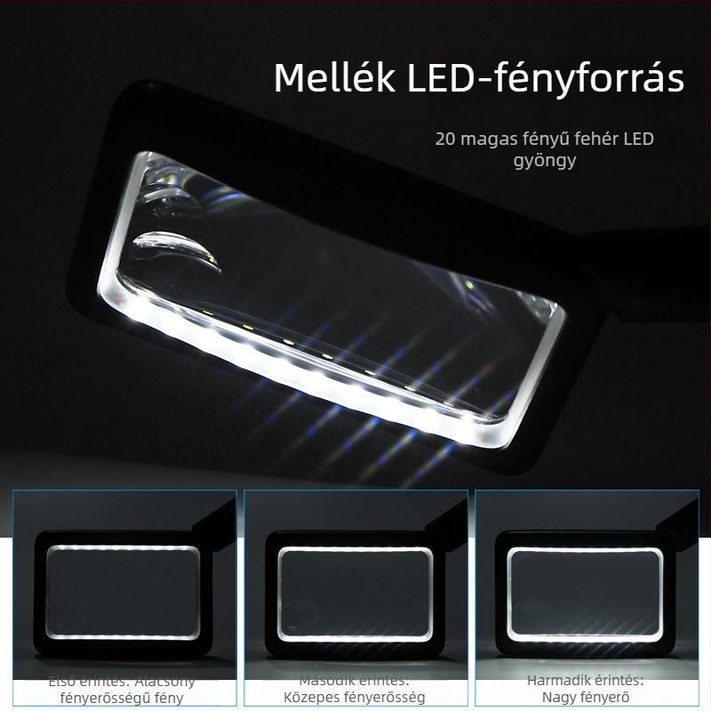 USB töltésű olvasó nagyító, 4x, kézben tartható, négyzet alakú, 20 LED világítás, modell 1311