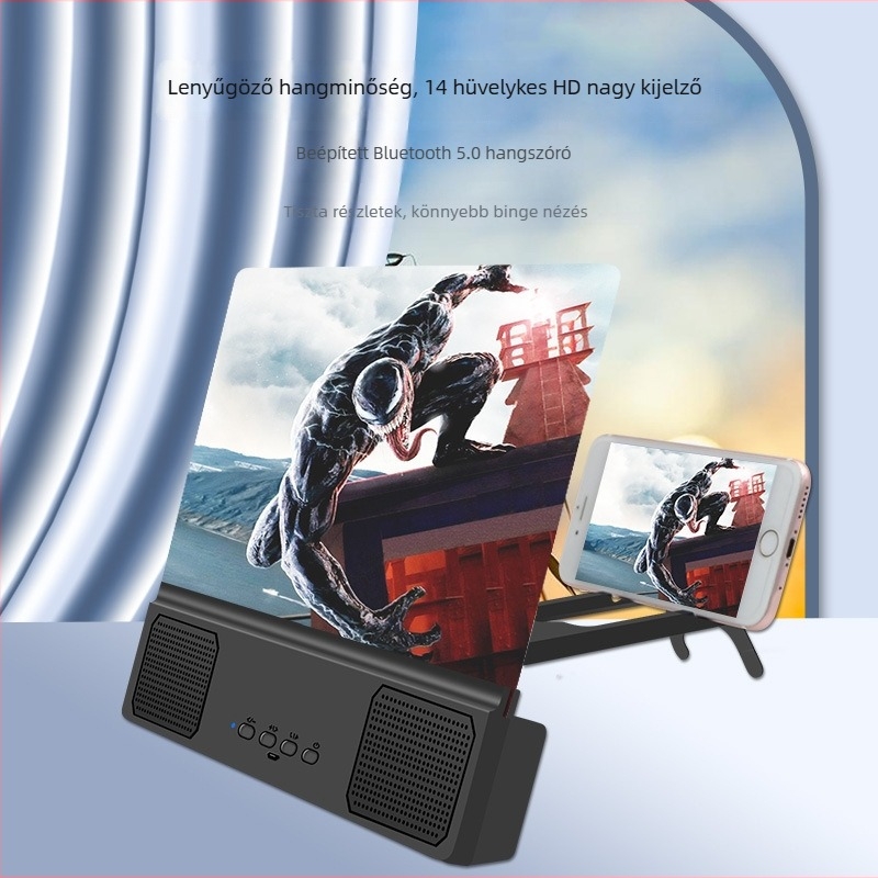 Telefonos képernyőnagyító anti-kék fény szűrővel, 5D HD nagyítás, Bluetooth hangszóró és állvány, beépített 1200–2000 mAh-s akkumulátor, USB táplálás, Bluetooth 5.3
