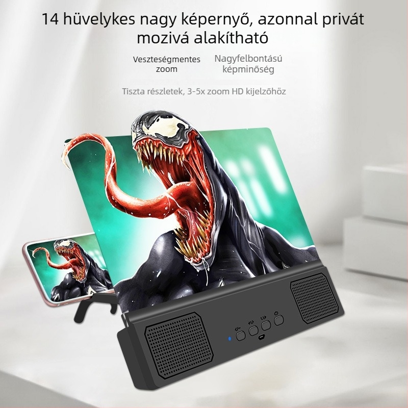 Telefonos képernyőnagyító anti-kék fény szűrővel, 5D HD nagyítás, Bluetooth hangszóró és állvány, beépített 1200–2000 mAh-s akkumulátor, USB táplálás, Bluetooth 5.3