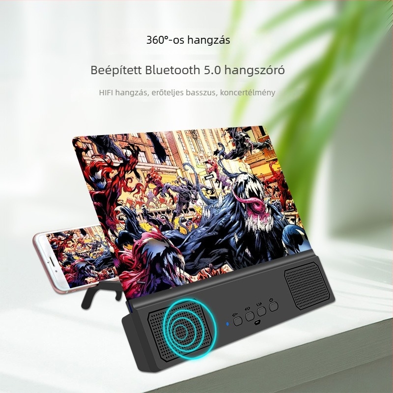 Telefonos képernyőnagyító anti-kék fény szűrővel, 5D HD nagyítás, Bluetooth hangszóró és állvány, beépített 1200–2000 mAh-s akkumulátor, USB táplálás, Bluetooth 5.3