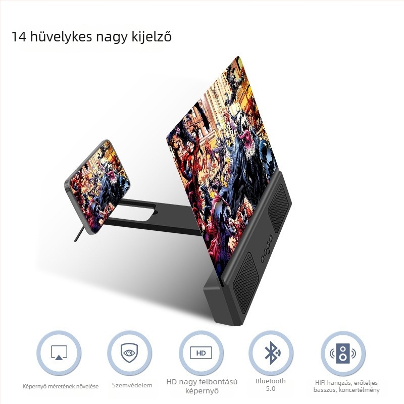 Telefonos képernyőnagyító anti-kék fény szűrővel, 5D HD nagyítás, Bluetooth hangszóró és állvány, beépített 1200–2000 mAh-s akkumulátor, USB táplálás, Bluetooth 5.3