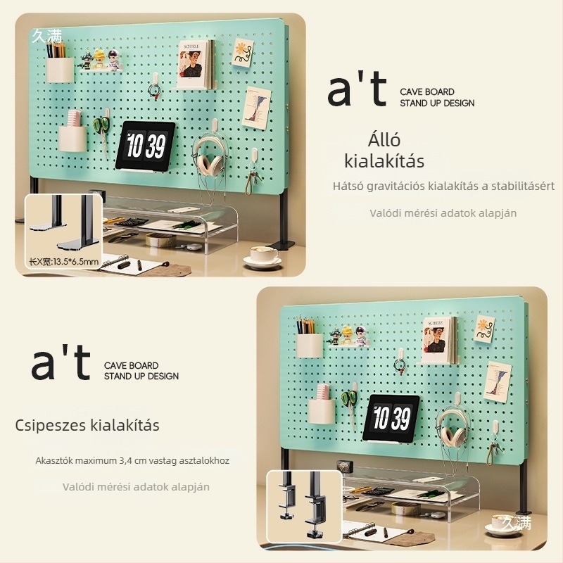 Perforált tábla tárolóállvány fúrás nélküli szereléssel, függőleges kivitel, diákasztalhoz