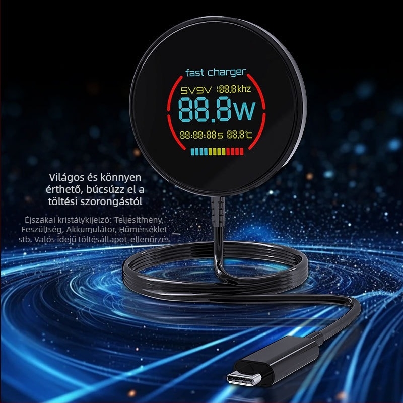 Vezeték nélküli töltő digitális kijelzővel, mágneses töltés, PD protokoll, max. 15W, kimenet 1,67A