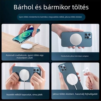MagSafe vezeték nélküli töltő mágneses rögzítéssel iPhone 12–16‑hoz, 15W PD gyors töltés, 2A kimenet
