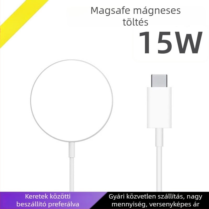 MagSafe vezeték nélküli töltő mágneses rögzítéssel iPhone 12–16‑hoz, 15W PD gyors töltés, 2A kimenet