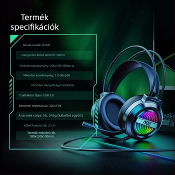 AOC GH120 Esports vezetékes USB játék headset PC-hez mikrofon, 40 mm meghajtók, frekvenciasáv 20–20000 Hz, 2 m kábel