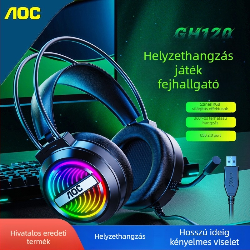 AOC GH120 Esports vezetékes USB játék headset PC-hez mikrofon, 40 mm meghajtók, frekvenciasáv 20–20000 Hz, 2 m kábel