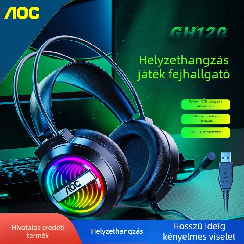 AOC GH120 Esports vezetékes USB játék headset PC-hez mikrofon, 40 mm meghajtók, frekvenciasáv 20–20000 Hz, 2 m kábel