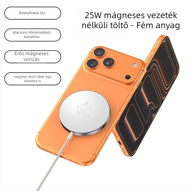 Mágneses vezeték nélküli töltő, 25W, fém, Qi2.2 tanúsított modell, 2A kimenet
