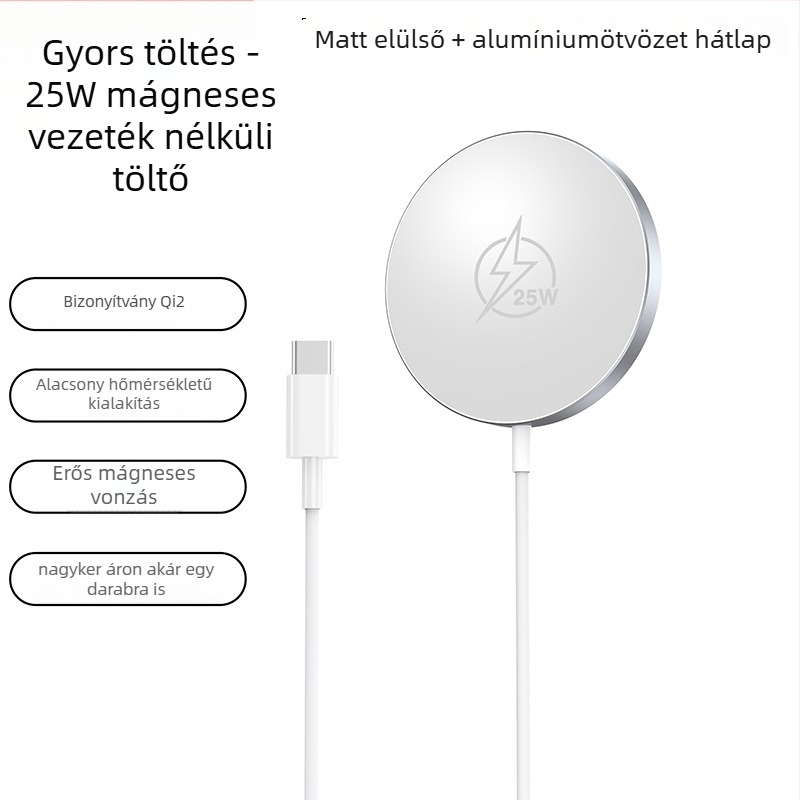 Mágneses vezeték nélküli töltő, 25W, fém, Qi2.2 tanúsított modell, 2A kimenet