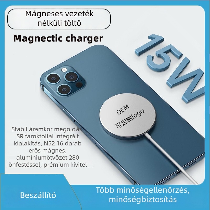 Apple Eszközökhöz Mágneses Vezeték nélküli Töltő – 15W PD Gyors Töltés, Mágneses Igazítás, 1.67A, Alumínium-ABS