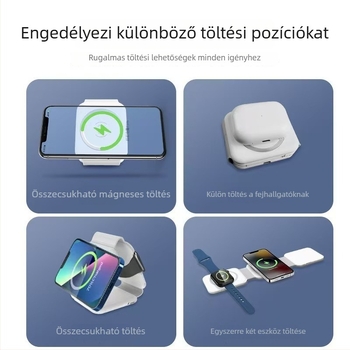 Három az egyben mágneses vezeték nélküli töltő asztali háromrészes állvánnyal, 15W max, QC3.0 gyors töltés, 1.67A kimenet, iPhone és fejhallgatók számára