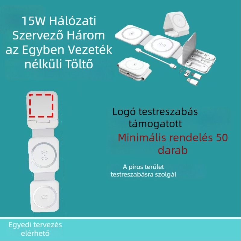 Három az egyben mágneses vezeték nélküli töltő asztali háromrészes állvánnyal, 15W max, QC3.0 gyors töltés, 1.67A kimenet, iPhone és fejhallgatók számára