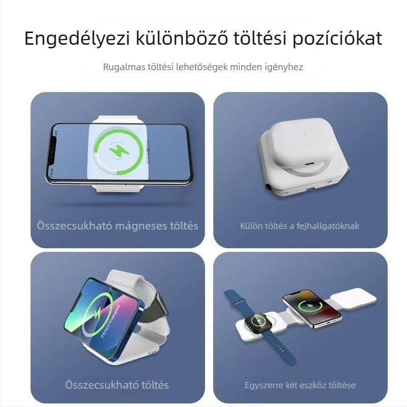 Három az egyben mágneses vezeték nélküli töltő asztali háromrészes állvánnyal, 15W max, QC3.0 gyors töltés, 1.67A kimenet, iPhone és fejhallgatók számára
