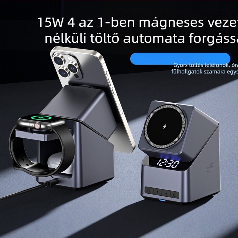 4 az 1-ben érintéses, 180°-os forgatható nézetállvány óra és vezeték nélküli töltés, 15W, 2A, 18W teljesítmény