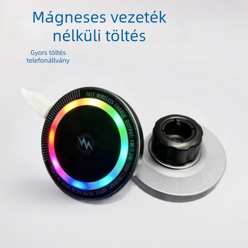 Gépkocsi mágneses vezeték nélküli töltő telefon tartóval — fém tartó, max. 15W gyors töltés, Qi/PD