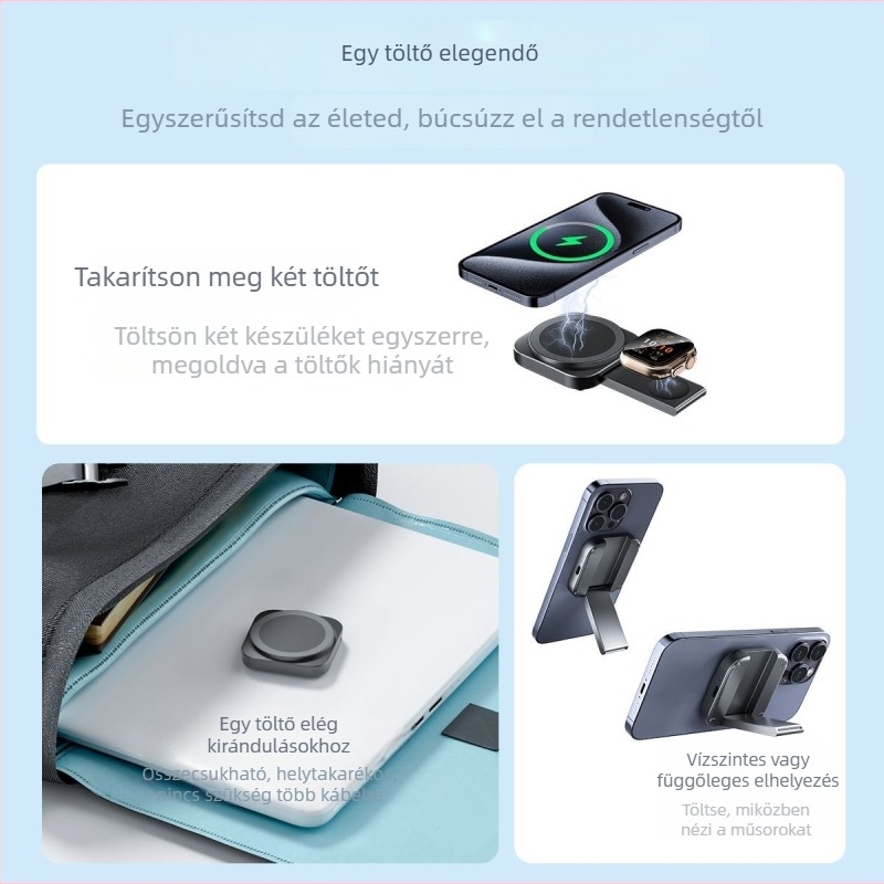 Mágneses vezeték nélküli töltőállvány, 2-in-1 töltés két eszköz számára egyszerre, max. 15W, kimenet 5V/9V/12V