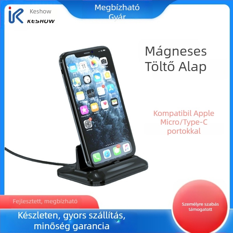 Mágneses töltési alap és telefon-tartó, három az egyben, Androidhoz Type-C kábellel; töltési protokoll QC2.0; kimenet 9W; áram 2A; összteljesítmény 10W