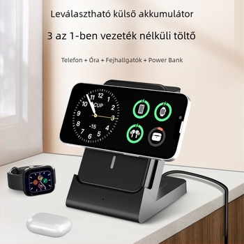 Mágneses három az egyben gyors töltő, vezeték nélküli töltéssel és telefon-tartóval — 15W kimenet, 22W összteljesítmény, PD gyors töltés