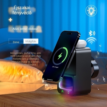 Ötfunkciós vezeték nélküli töltő Bluetooth hangszóróval - mágneses vezeték nélküli töltés, 15W gyorstöltés, QC 3.0, 3A kimenet, összteljesítmény 22.5W